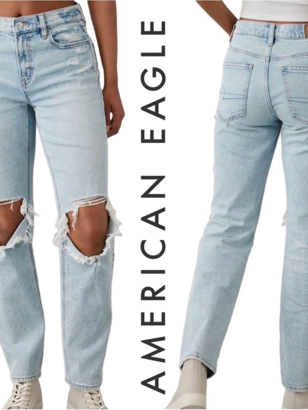 American Eagle Outfitters Light Wash Distressed Straight-Leg Jeans